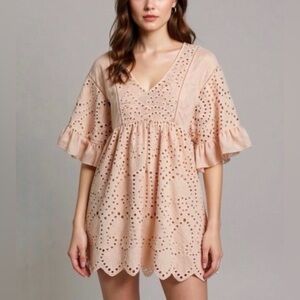 Womens Akemi+Kin Anthropologie Eyelet Pink Boho Whimsical Babydoll Mini Dress 12
